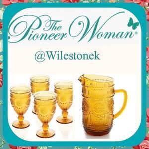 Rare - The Pioneer Woman Adeline Amber Glass Pitcher & 4 Glass Goblets